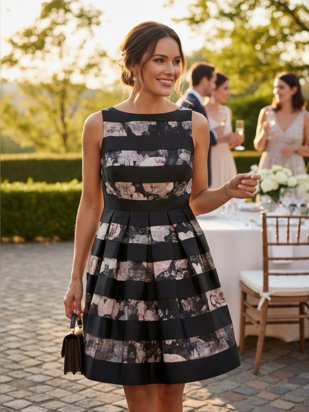 Vince Camuto Black and Blush Floral Stripe Midi Dress